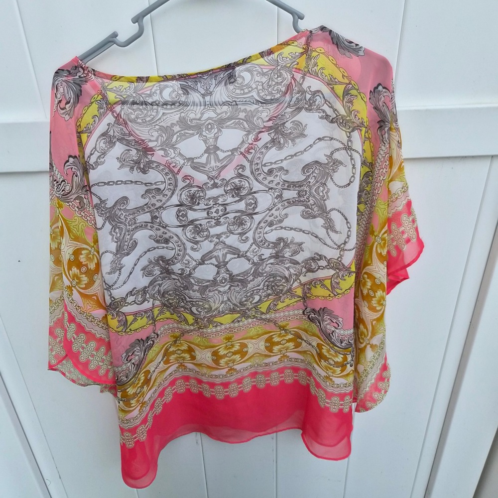 Jennifer Lopez Pink Yellow Baroque Scarf Print Chiffon Poncho XS Kaftan Boho